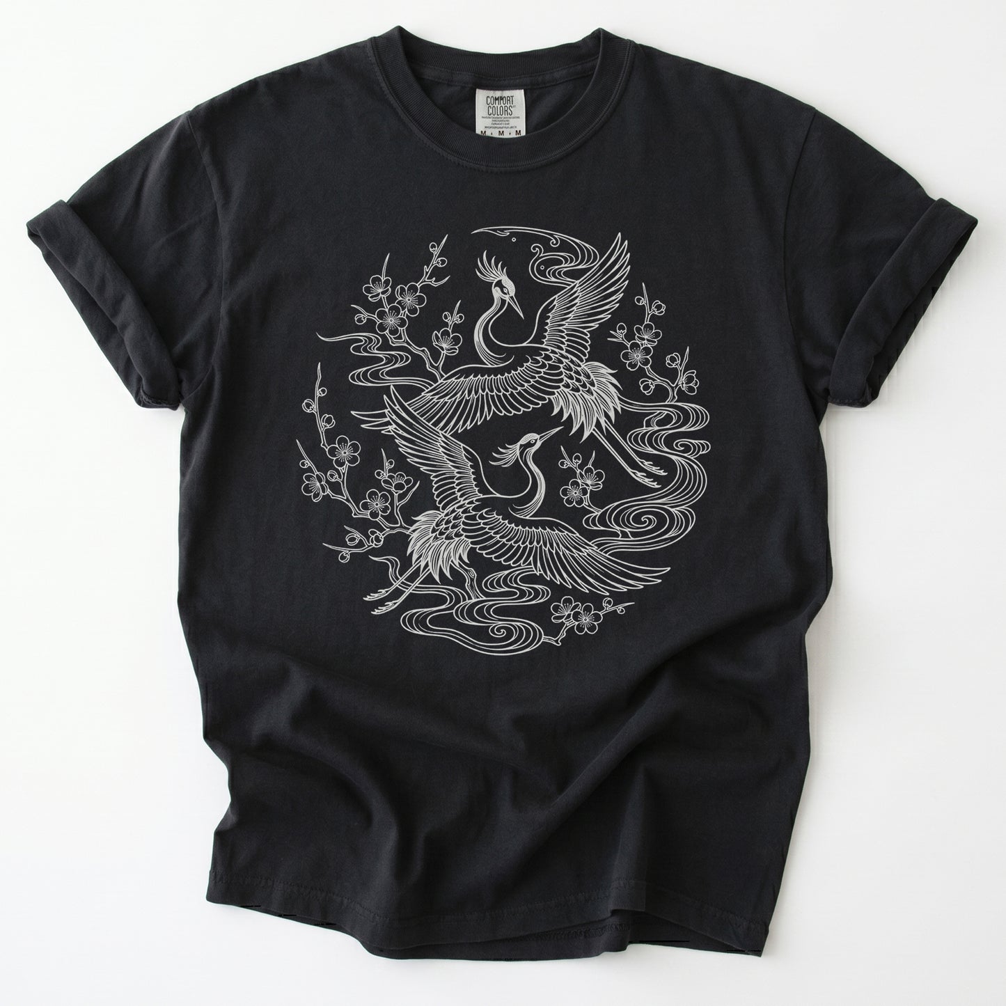Crane & Blossom Line Art Vintage Washed T-Shirt