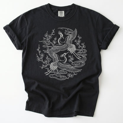 Crane & Blossom Line Art Vintage Washed T-Shirt