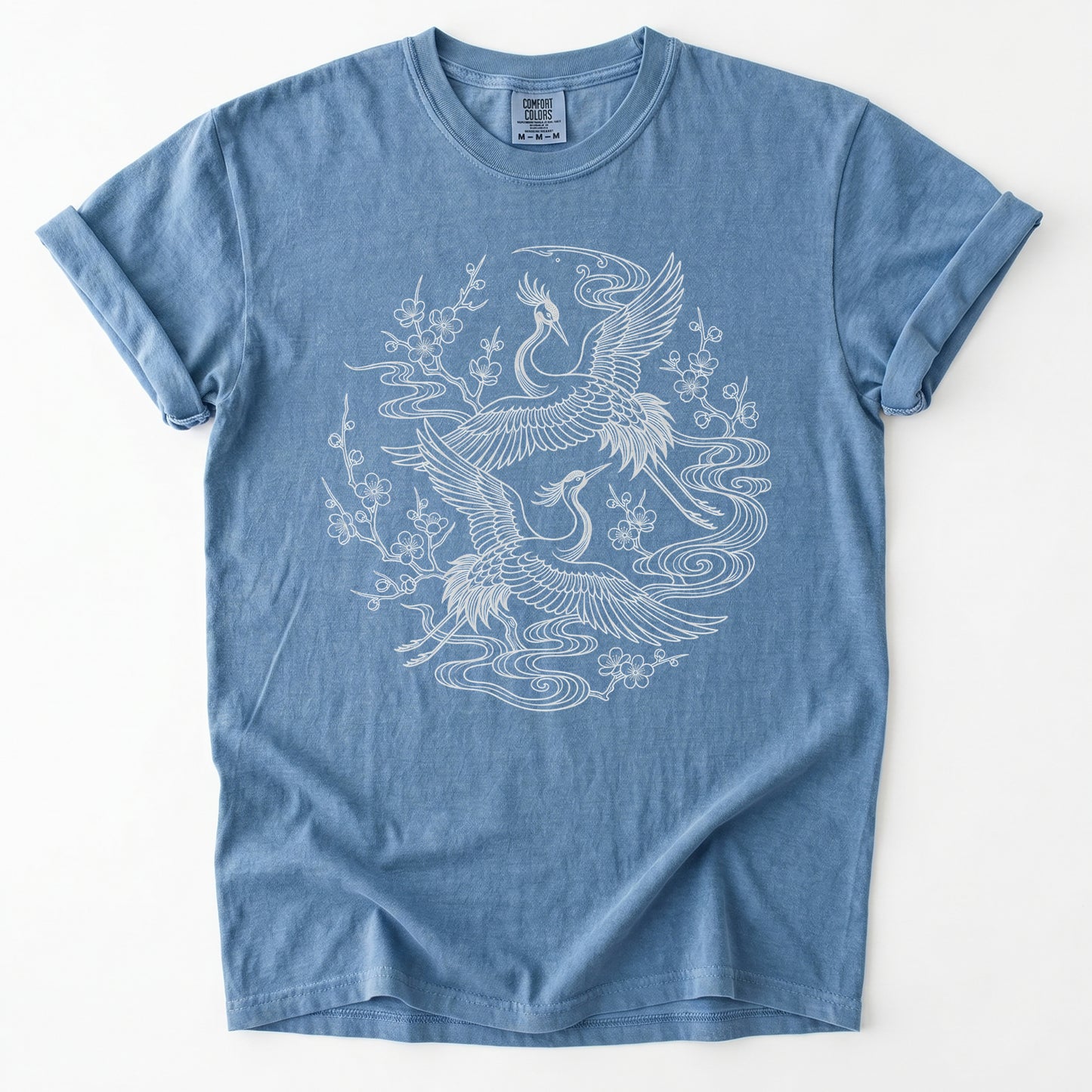 Crane & Blossom Line Art Vintage Washed T-Shirt
