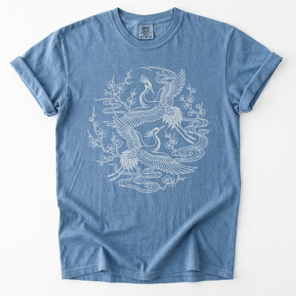 Crane & Blossom Line Art Vintage Washed T-Shirt