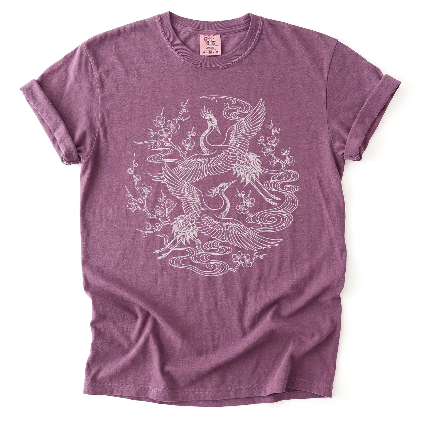 Crane & Blossom Line Art Vintage Washed T-Shirt