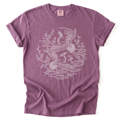 Crane & Blossom Line Art Vintage Washed T-Shirt