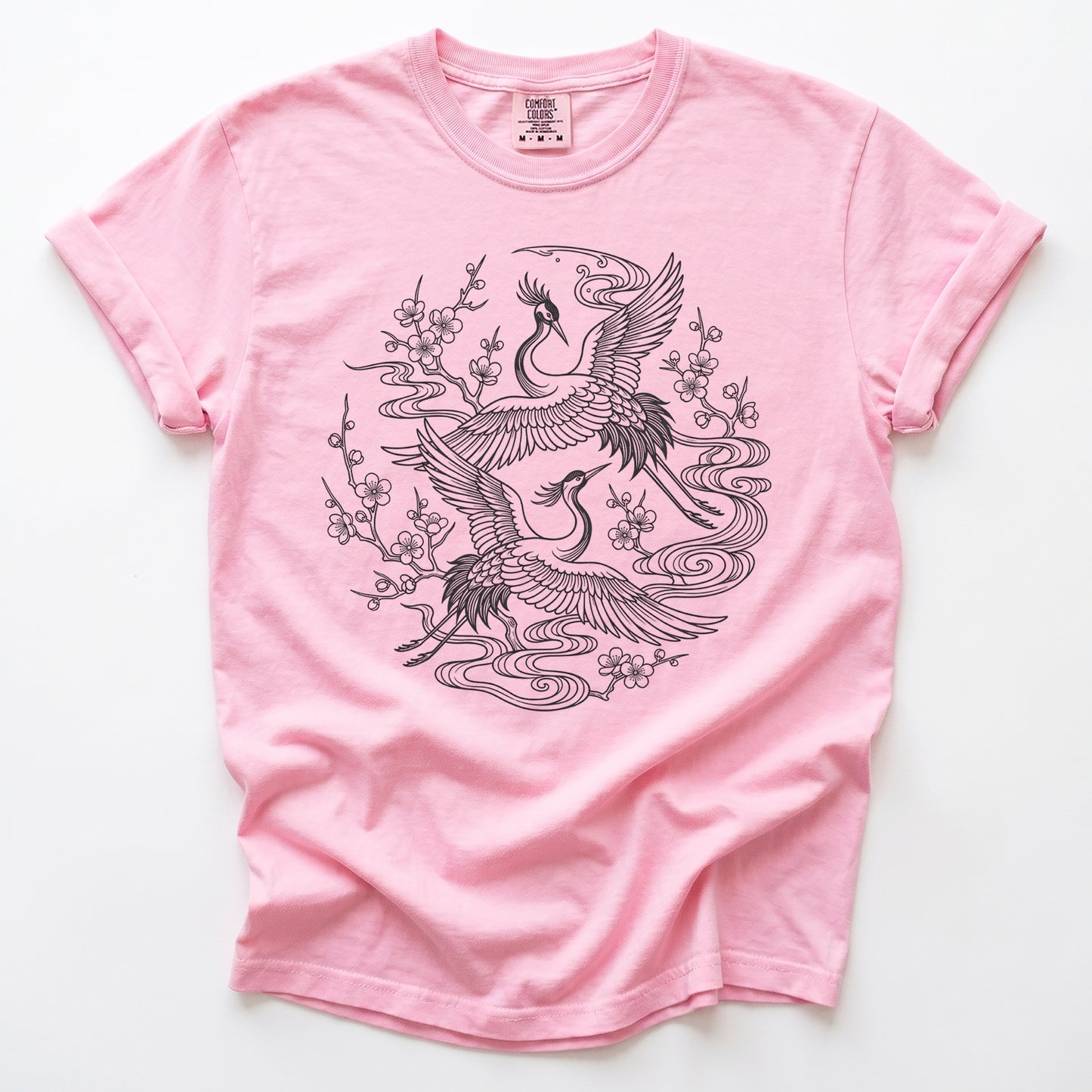 Crane & Blossom Line Art Vintage Washed T-Shirt