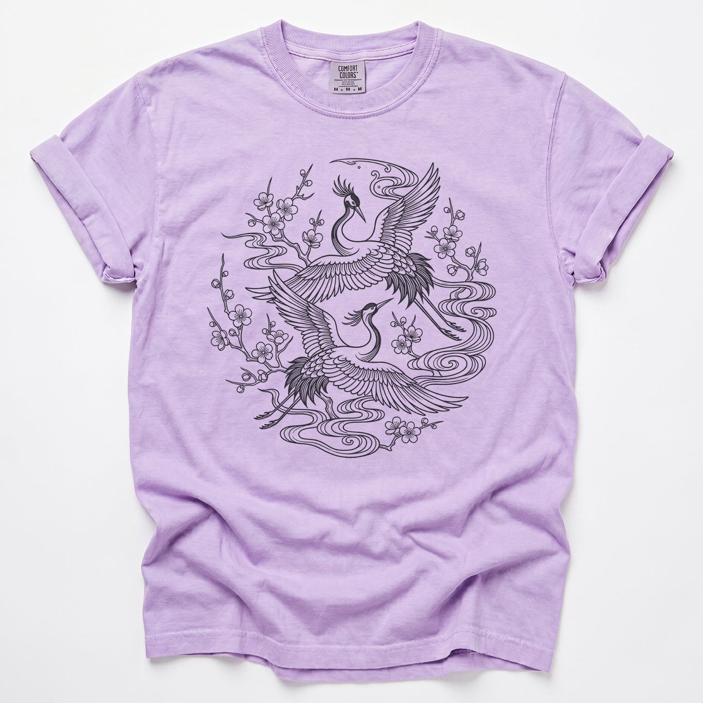 Crane & Blossom Line Art Vintage Washed T-Shirt