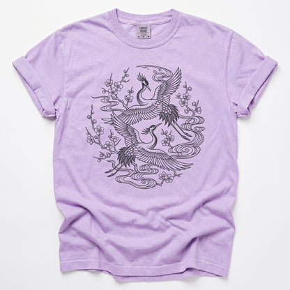 Crane & Blossom Line Art Vintage Washed T-Shirt