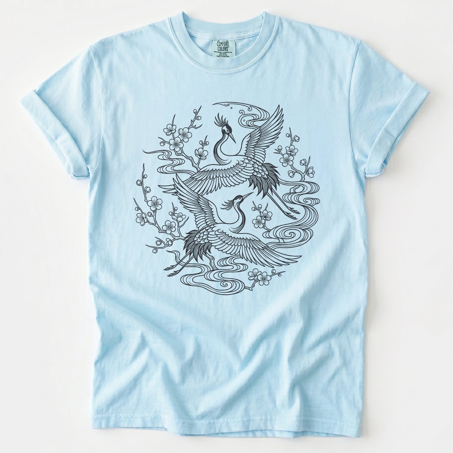 Crane & Blossom Line Art Vintage Washed T-Shirt