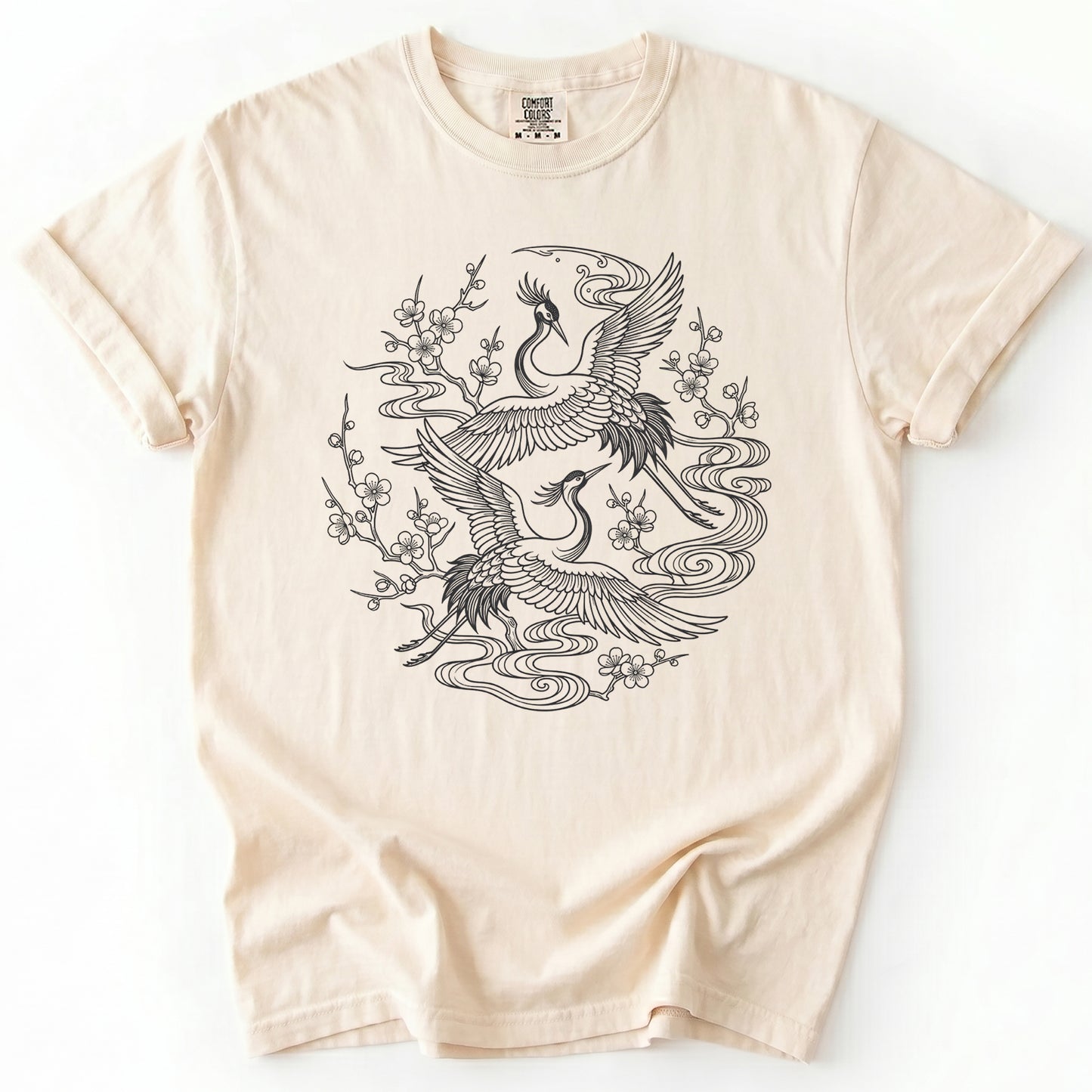 Crane & Blossom Line Art Vintage Washed T-Shirt