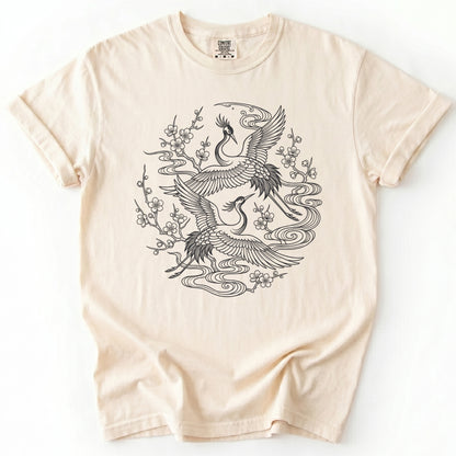 Crane & Blossom Line Art Vintage Washed T-Shirt