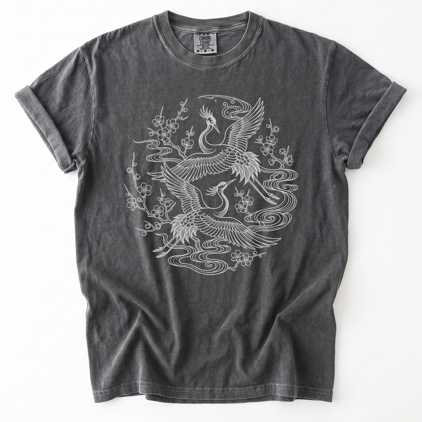Crane & Blossom Line Art Vintage Washed T-Shirt