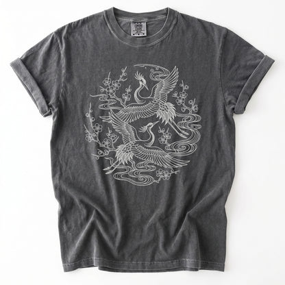Crane & Blossom Line Art Vintage Washed T-Shirt