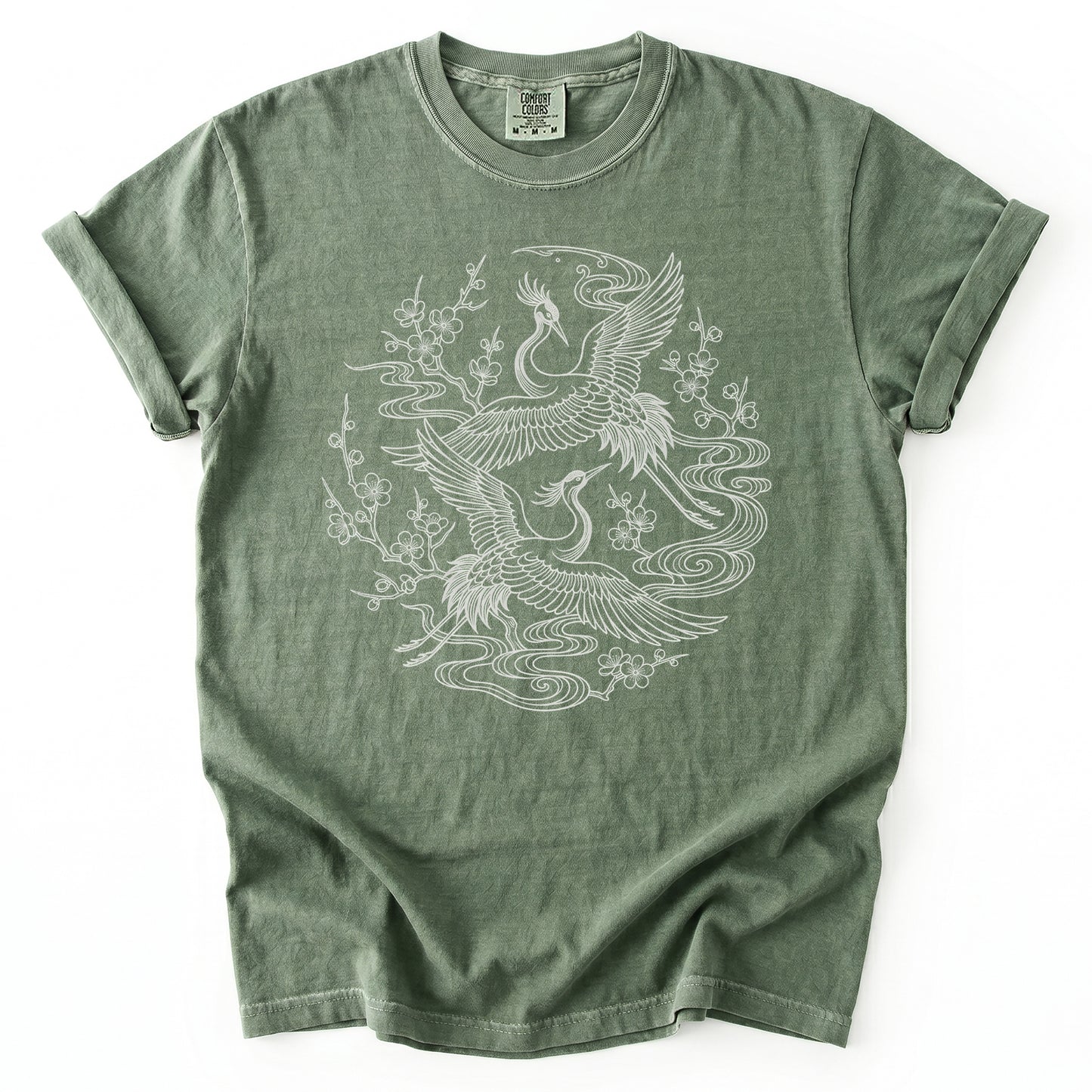 Crane & Blossom Line Art Vintage Washed T-Shirt