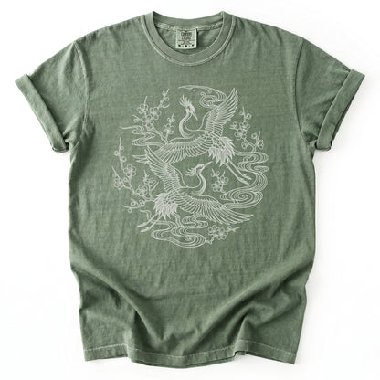 Crane & Blossom Line Art Vintage Washed T-Shirt