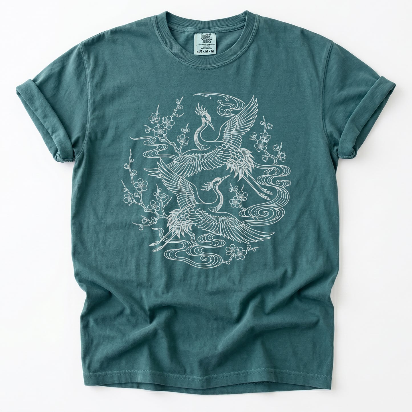 Crane & Blossom Line Art Vintage Washed T-Shirt