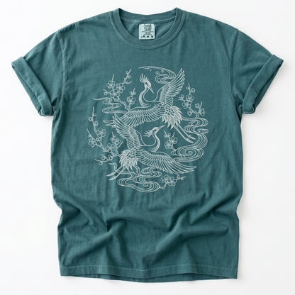 Crane & Blossom Line Art Vintage Washed T-Shirt