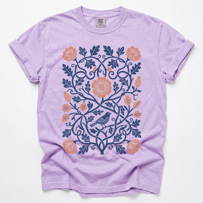 Floral Folk Art Bird Vintage Washed T-Shirt