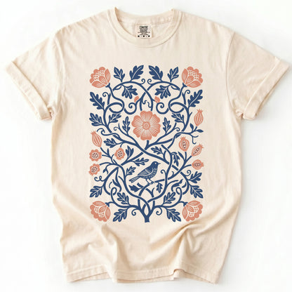 Floral Folk Art Bird Vintage Washed T-Shirt