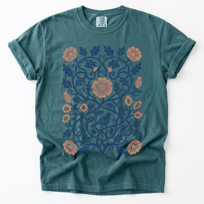 Floral Folk Art Bird Vintage Washed T-Shirt