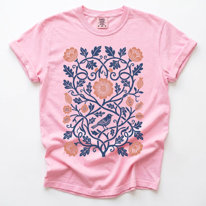 Floral Folk Art Bird Vintage Washed T-Shirt
