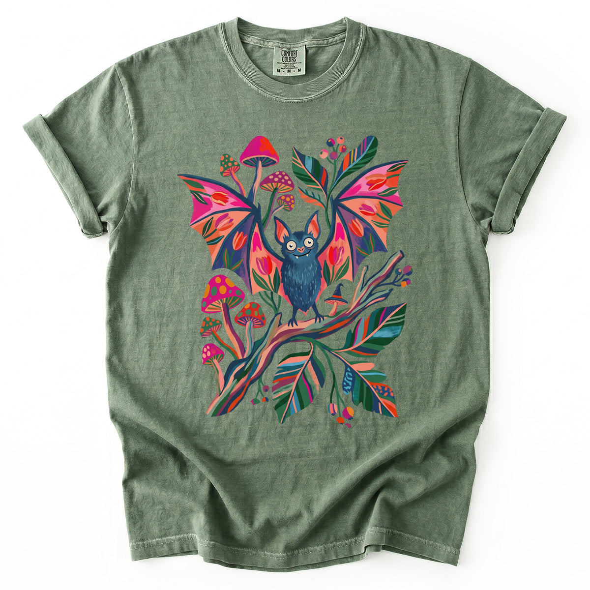Folk Art Bat & Mushrooms Vintage Washed T-Shirt