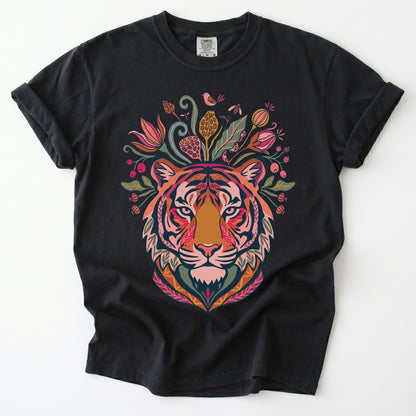 Folk Art Blooming Tiger Vintage Washed T-Shirt