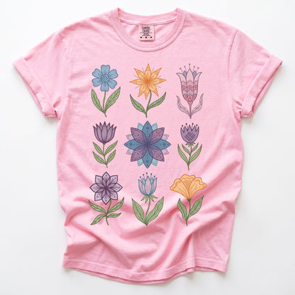 Folk Art Botanical Grid Vintage Washed T-Shirt