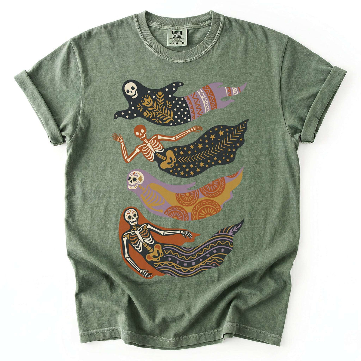 Folk Art Skeleton Mermaids Vintage Washed T-Shirt