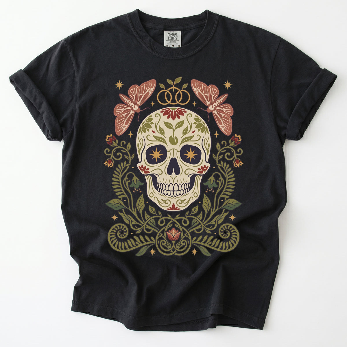 Folk Art Sugar Skull & Moths Vintage Washed T-Shirt