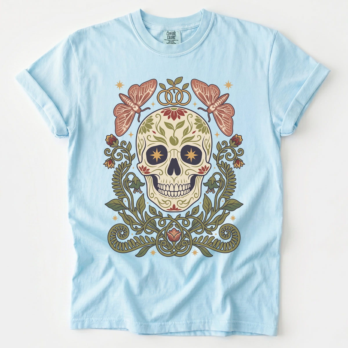 Folk Art Sugar Skull & Moths Vintage Washed T-Shirt
