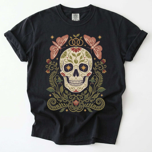 Folk Art Sugar Skull & Moths Vintage Washed T-Shirt