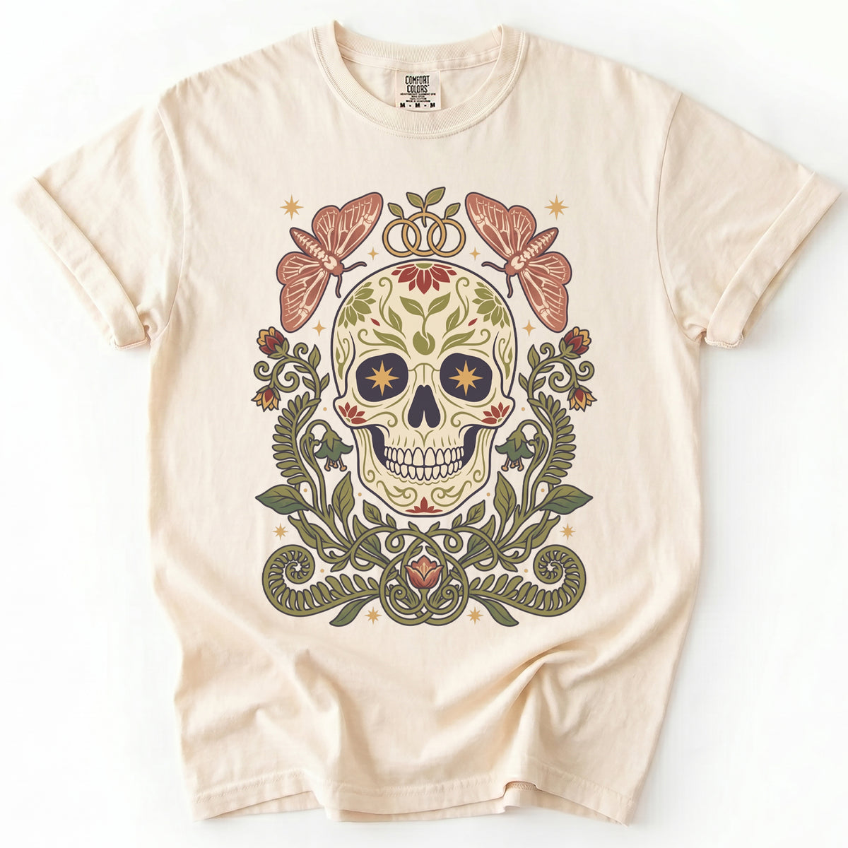 Folk Art Sugar Skull & Moths Vintage Washed T-Shirt
