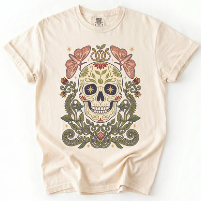 Folk Art Sugar Skull & Moths Vintage Washed T-Shirt