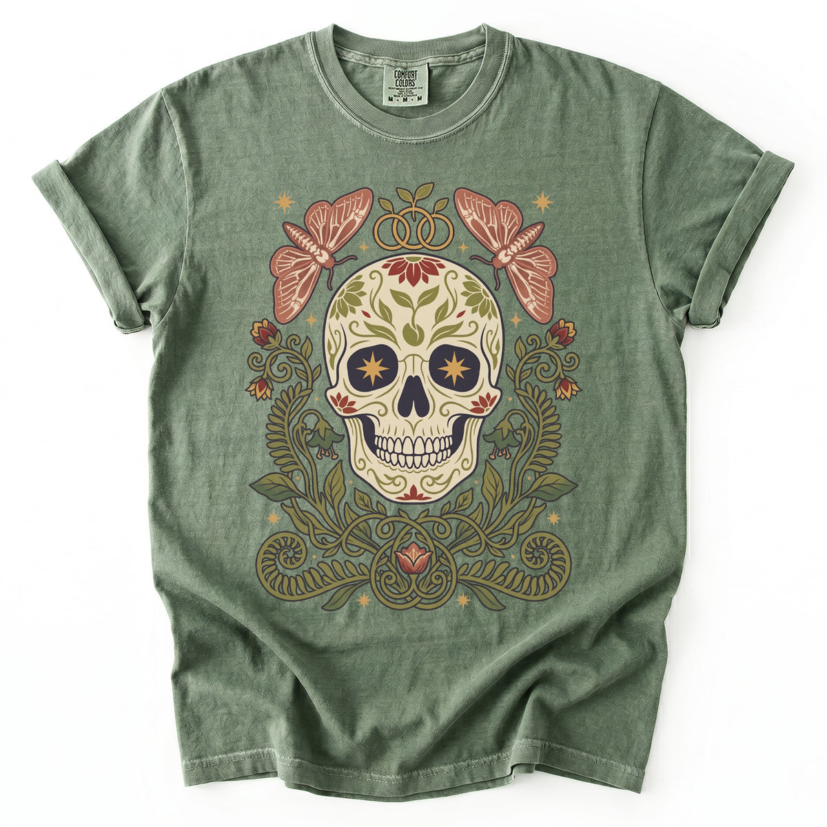 Folk Art Sugar Skull & Moths Vintage Washed T-Shirt
