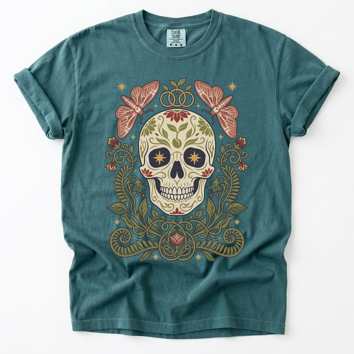 Folk Art Sugar Skull & Moths Vintage Washed T-Shirt