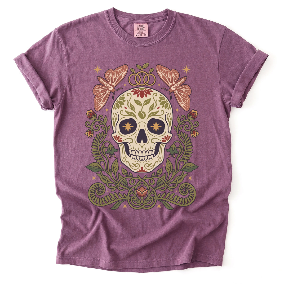 Folk Art Sugar Skull & Moths Vintage Washed T-Shirt