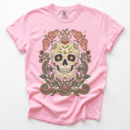 Folk Art Sugar Skull & Moths Vintage Washed T-Shirt