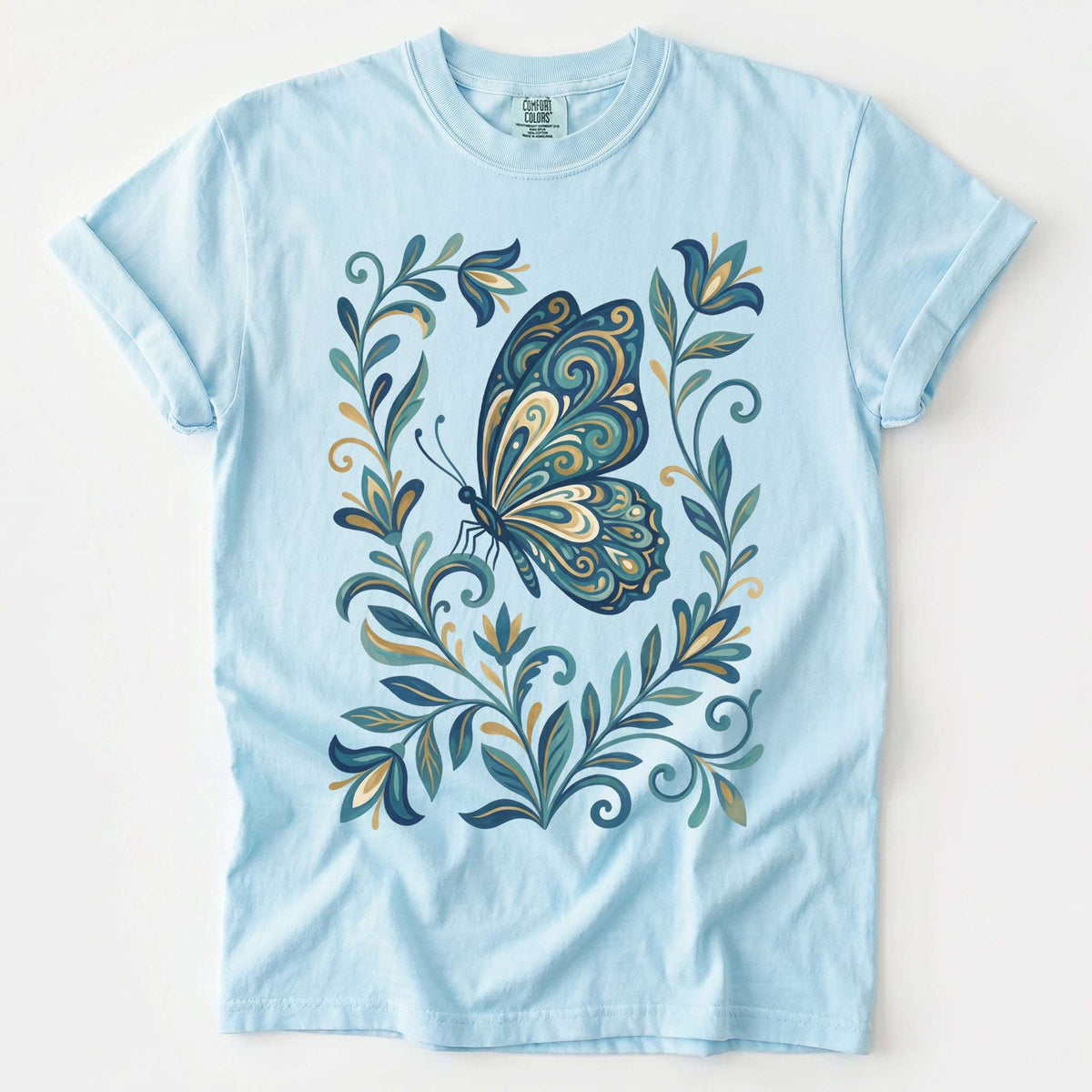 Folk Art Teal And Gold Butterfly Vintage Washed T-Shirt