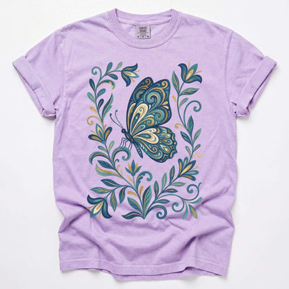 Folk Art Teal And Gold Butterfly Vintage Washed T-Shirt