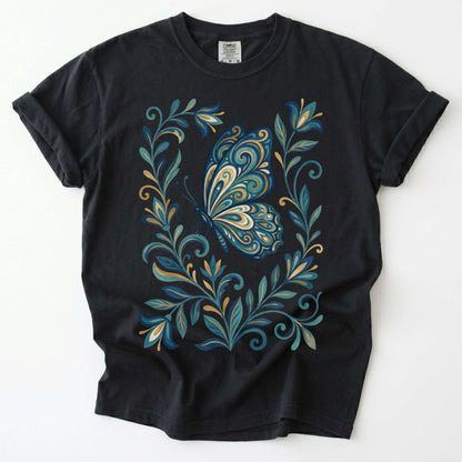 Folk Art Teal And Gold Butterfly Vintage Washed T-Shirt