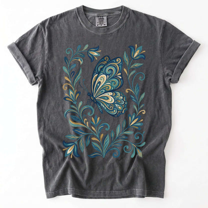 Folk Art Teal And Gold Butterfly Vintage Washed T-Shirt
