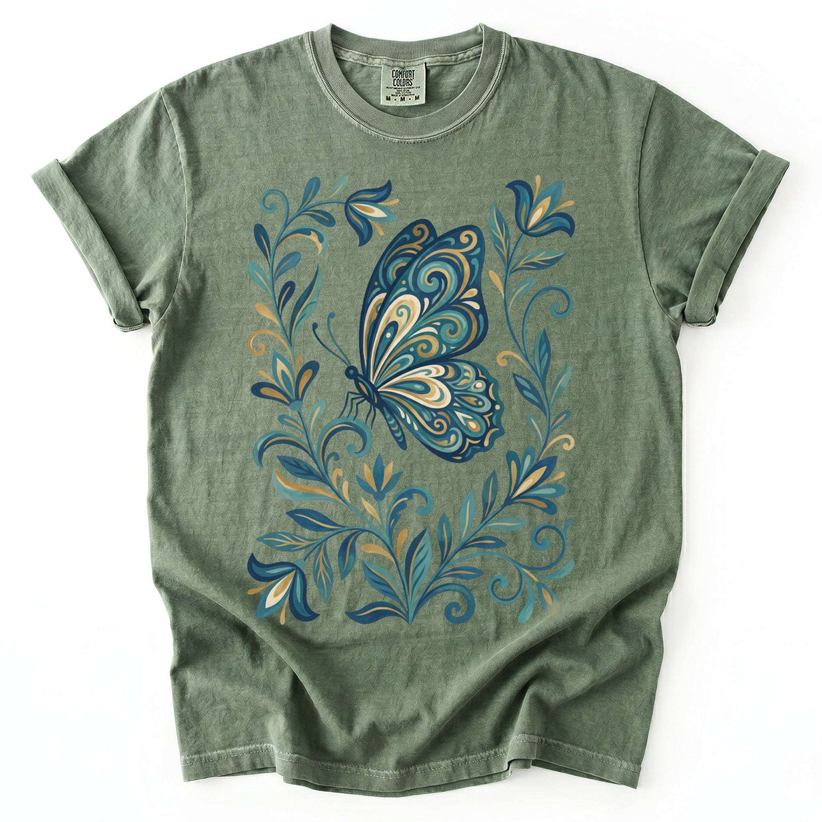 Folk Art Teal And Gold Butterfly Vintage Washed T-Shirt