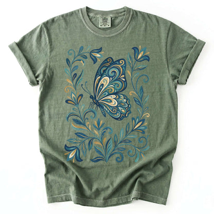 Folk Art Teal And Gold Butterfly Vintage Washed T-Shirt