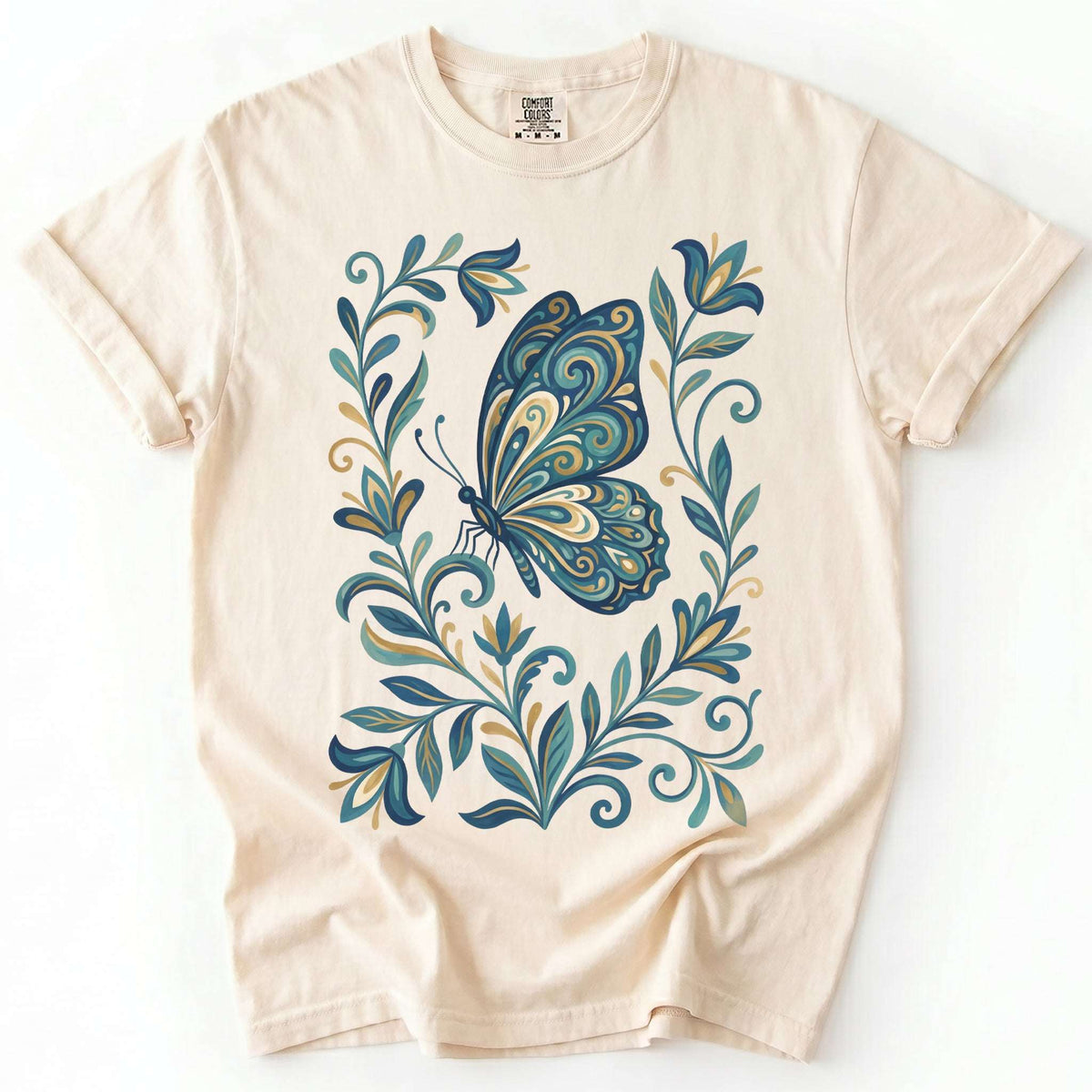 Folk Art Teal And Gold Butterfly Vintage Washed T-Shirt