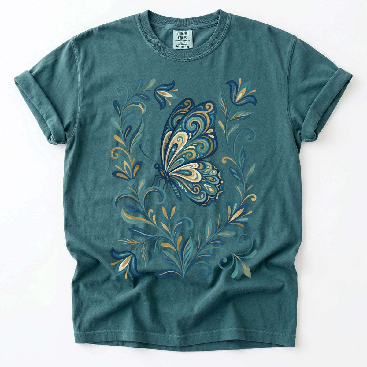 Folk Art Teal And Gold Butterfly Vintage Washed T-Shirt