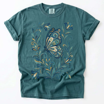 Folk Art Teal And Gold Butterfly Vintage Washed T-Shirt