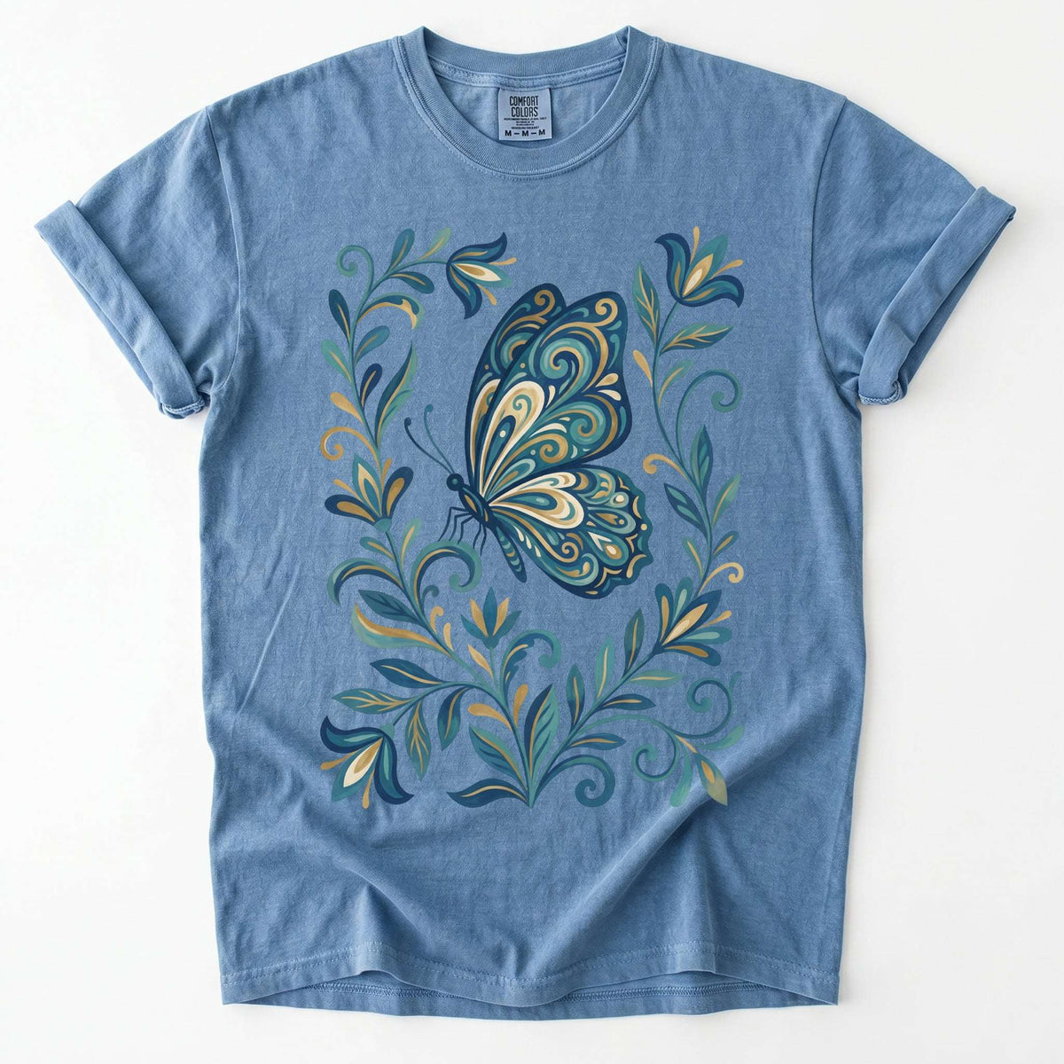 Folk Art Teal And Gold Butterfly Vintage Washed T-Shirt