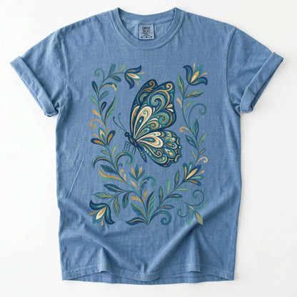 Folk Art Teal And Gold Butterfly Vintage Washed T-Shirt