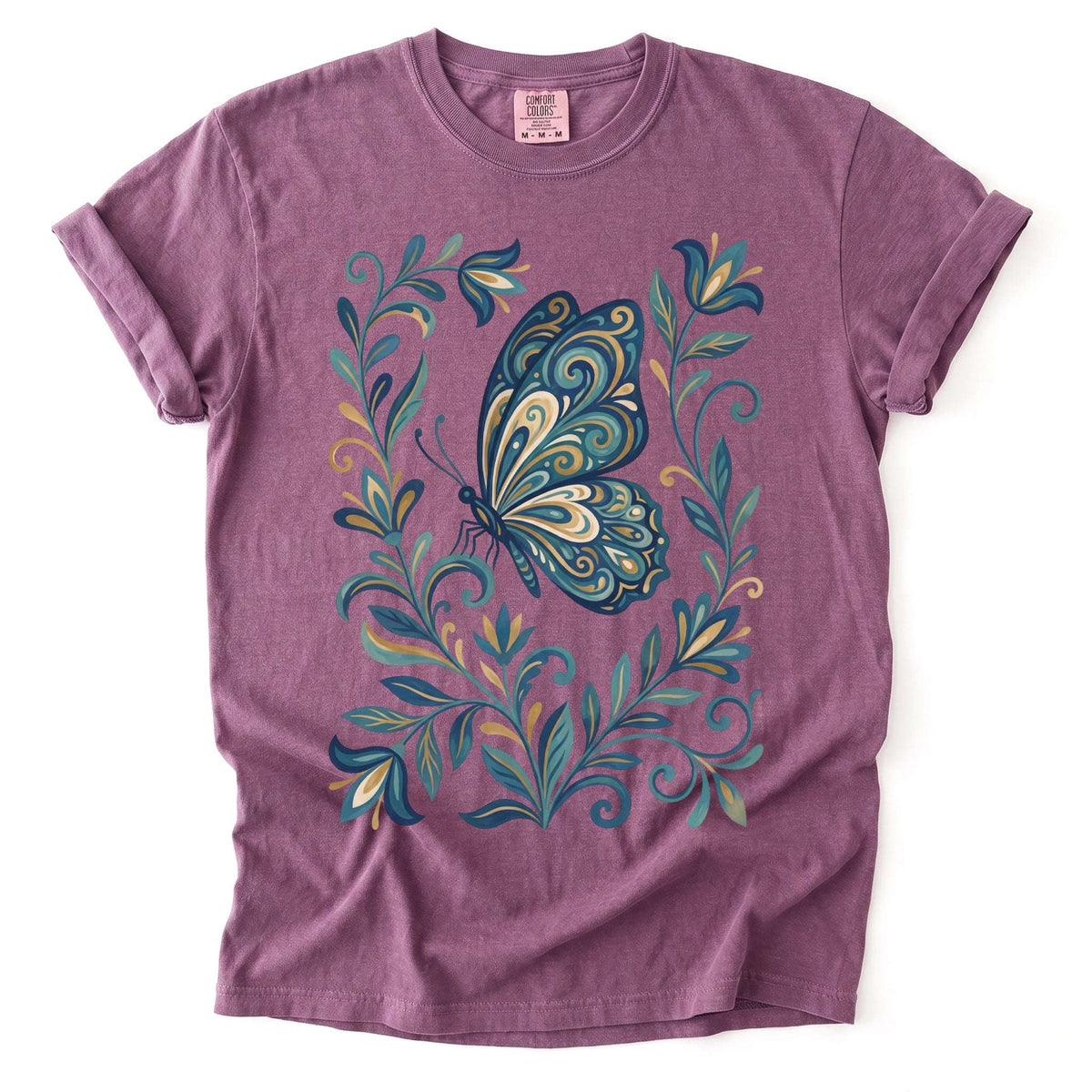 Folk Art Teal And Gold Butterfly Vintage Washed T-Shirt
