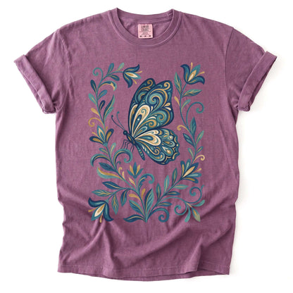 Folk Art Teal And Gold Butterfly Vintage Washed T-Shirt