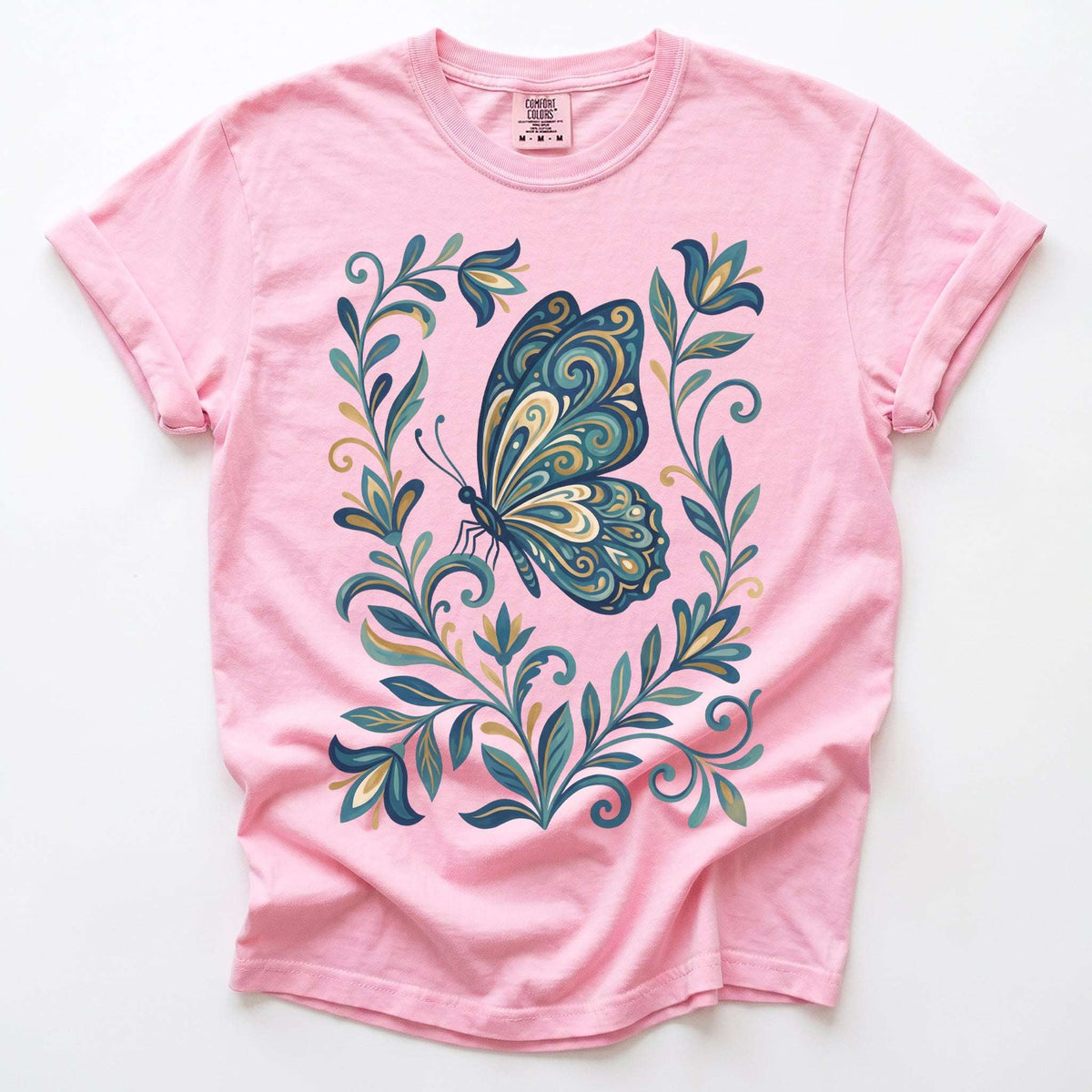 Folk Art Teal And Gold Butterfly Vintage Washed T-Shirt