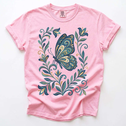 Folk Art Teal And Gold Butterfly Vintage Washed T-Shirt